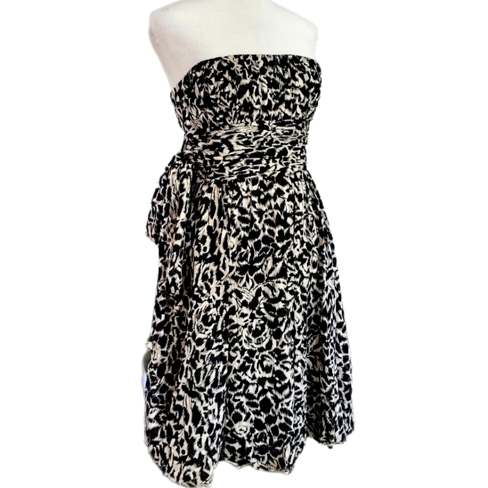 BCBG Maxazria Silk Strapless Mini Dress, Cinched Bow Waist, Fit & Flare Sz 0